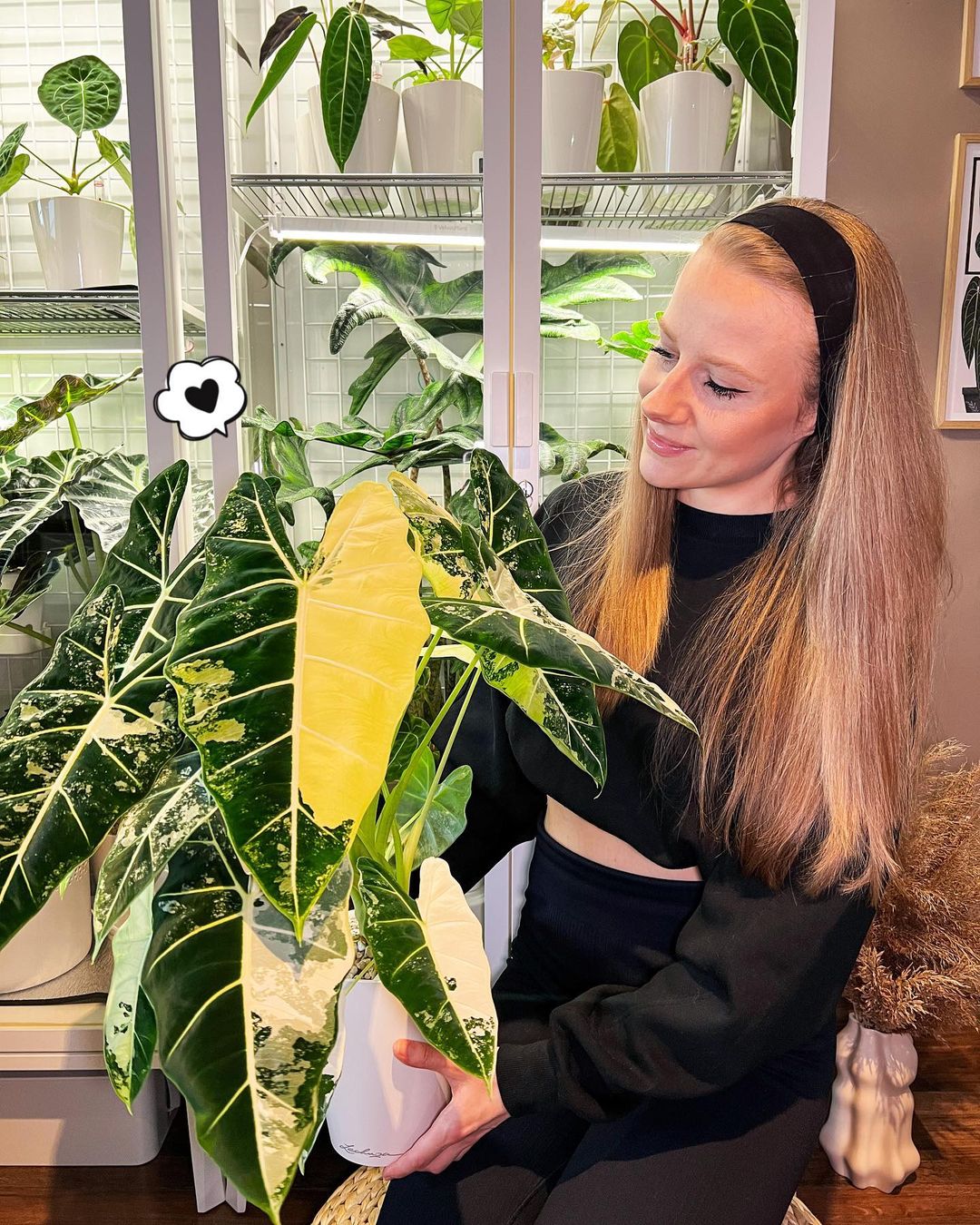 A beautiful blonde girl in front of greenhouse cabinets full of plants