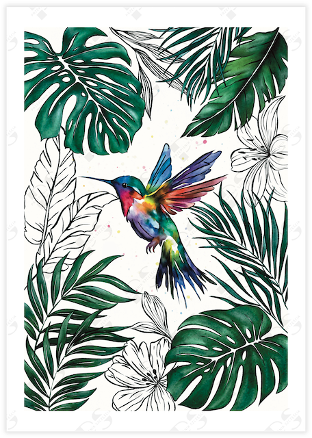 Colorful bird illustration with lush greenery and tropical leaves.