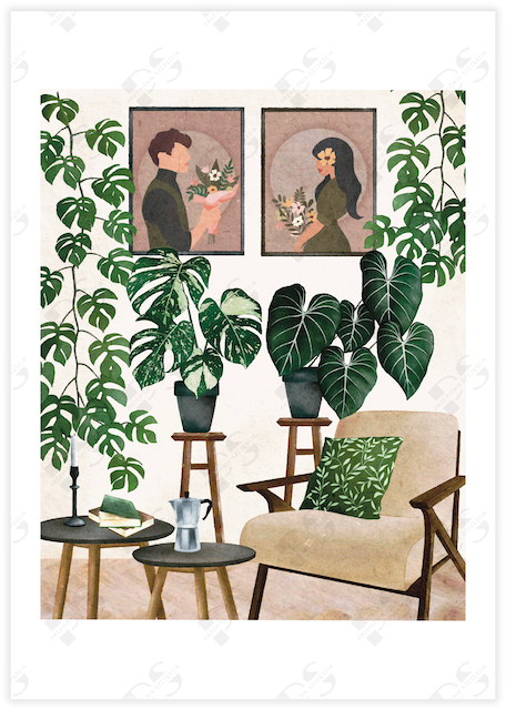 An image depicting a cosy room with two posters of lovers facing each other are hung on the wall